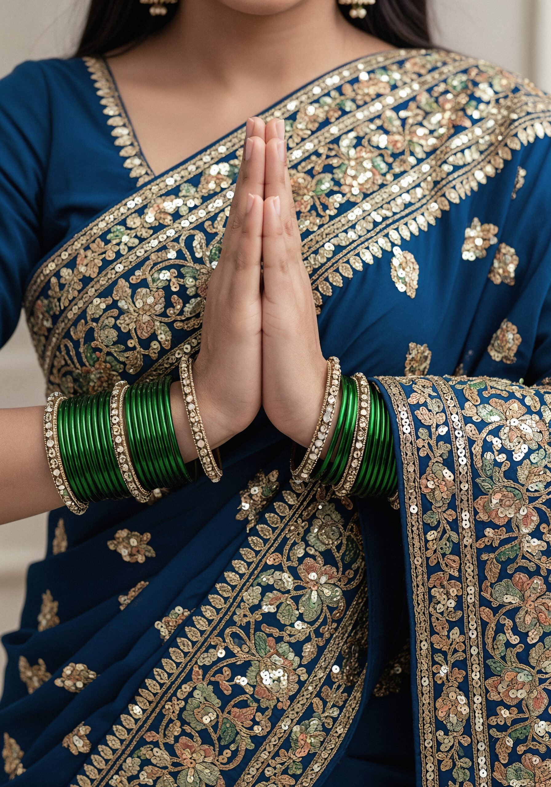 Home woman navy blue saree with green bangles